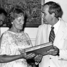 Allan Horton presenting Walladabadah Manuscript copy to Moira Jennings