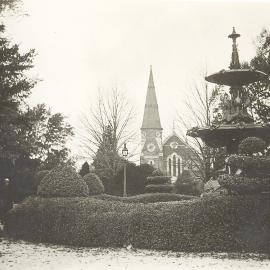 Fountain and church in Bathurst in World War I