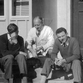 Campbell Cripps Clark, Jack Newburn, Lew Keys outside Metallurgy hut
