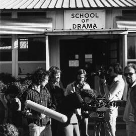 Drama students from film studies course near Drama Hut