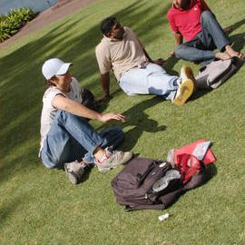 Students on Michael Birt Gardens Lawn in front of Biological Sciences Building