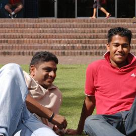 Students on Michael Birt Gardens Lawn in front of Biological Sciences Building