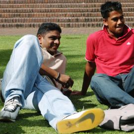 Students on Michael Birt Gardens Lawn in front of Biological Sciences Building