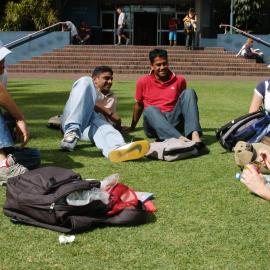 Students on Michael Birt Gardens Lawn in front of Biological Sciences Building